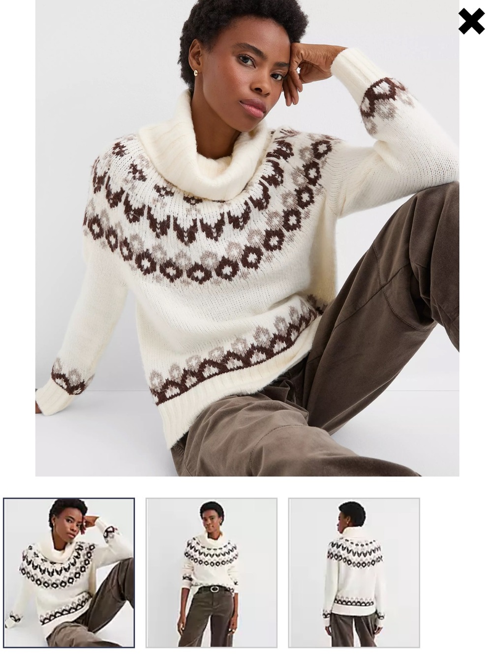 LOFT Ivory and Brown Fair Isle Cowl-Neck Sweater